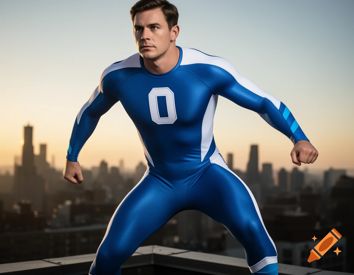 Male superhero in a blue and white suit with a '0' on his chest stands on a city rooftop at sunset.