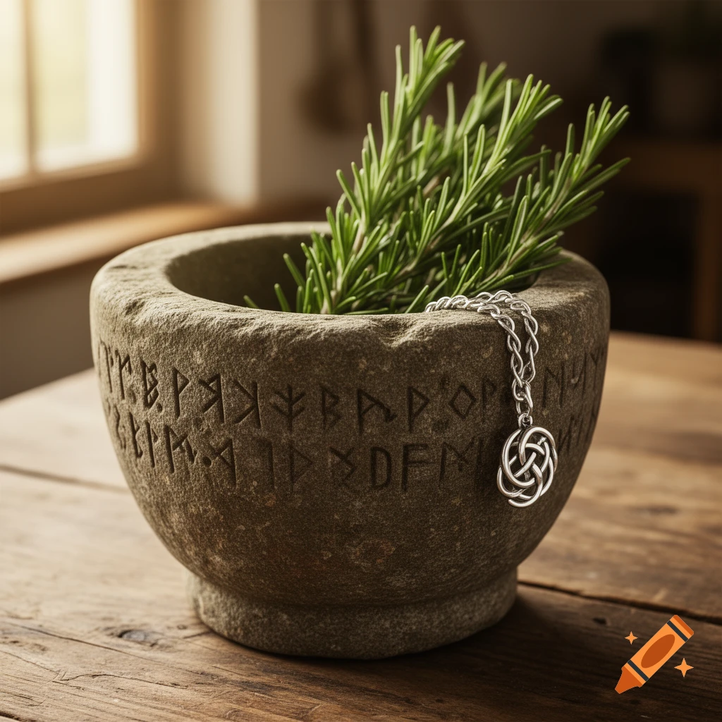 Photorealistic image of a stone mortar with engraved runes, holding fresh rosemary branches and a silver Celtic knot pendant, on a wooden table near a window.