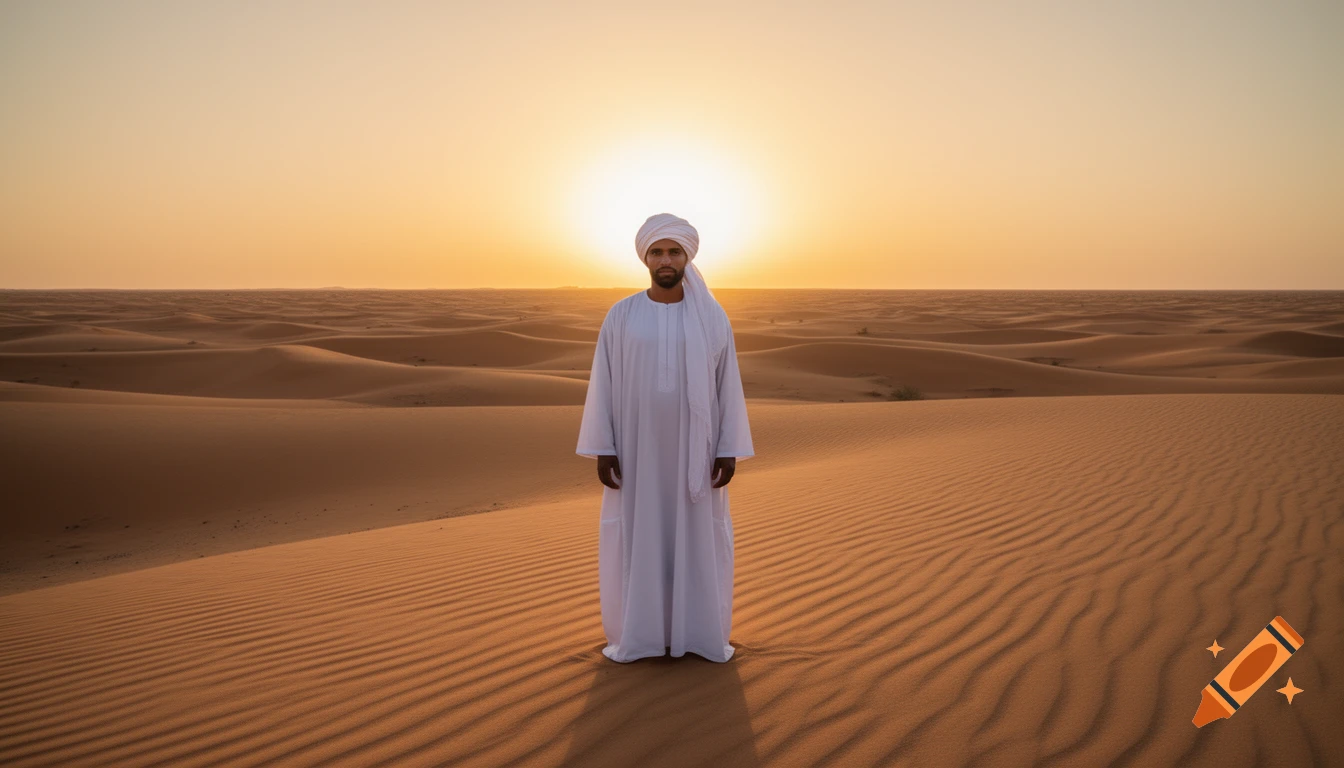 A man in a white robe and turban stands in a vast desert landscape with sand dunes, facing forward as the sun sets behind him, casting a warm golden glow. Photorealistic style.