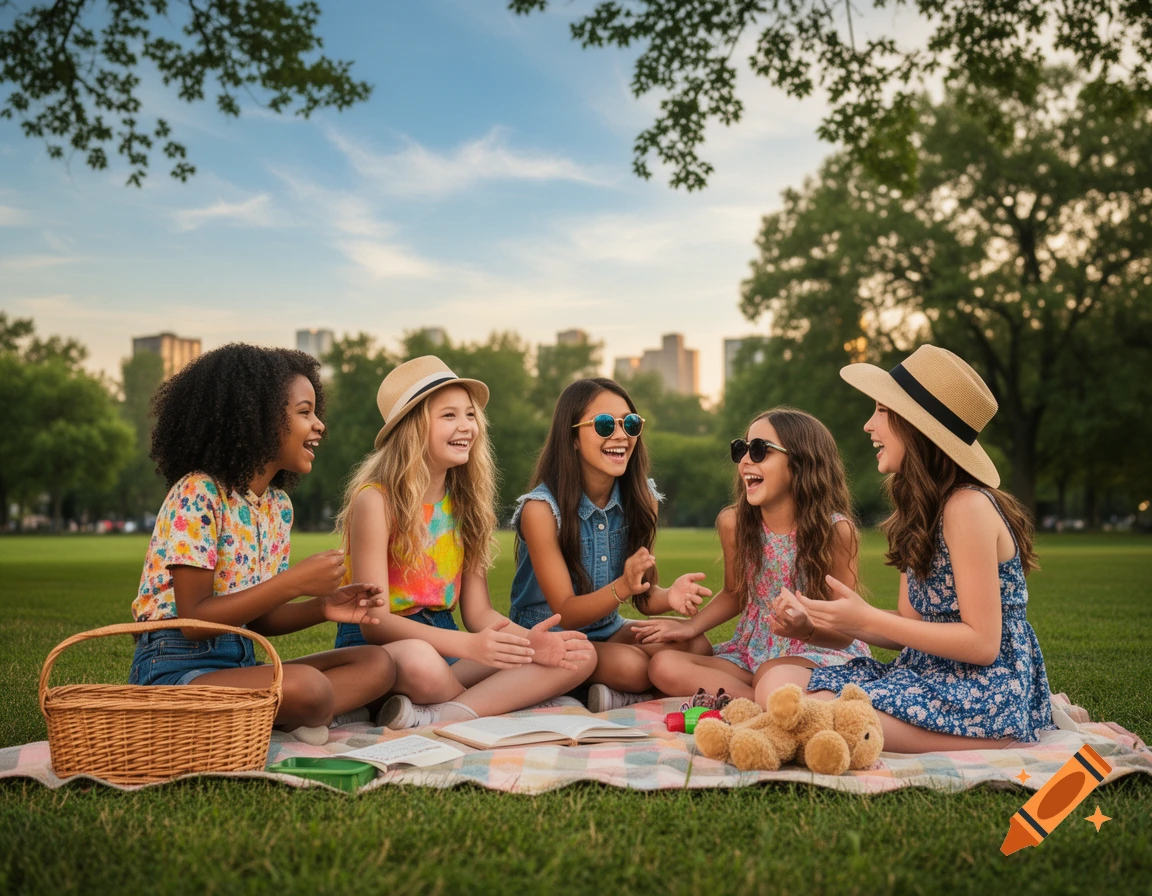 Five laughing girls enjoy a summer picnic on a blanket in a park, with trees and city buildings in the background.
