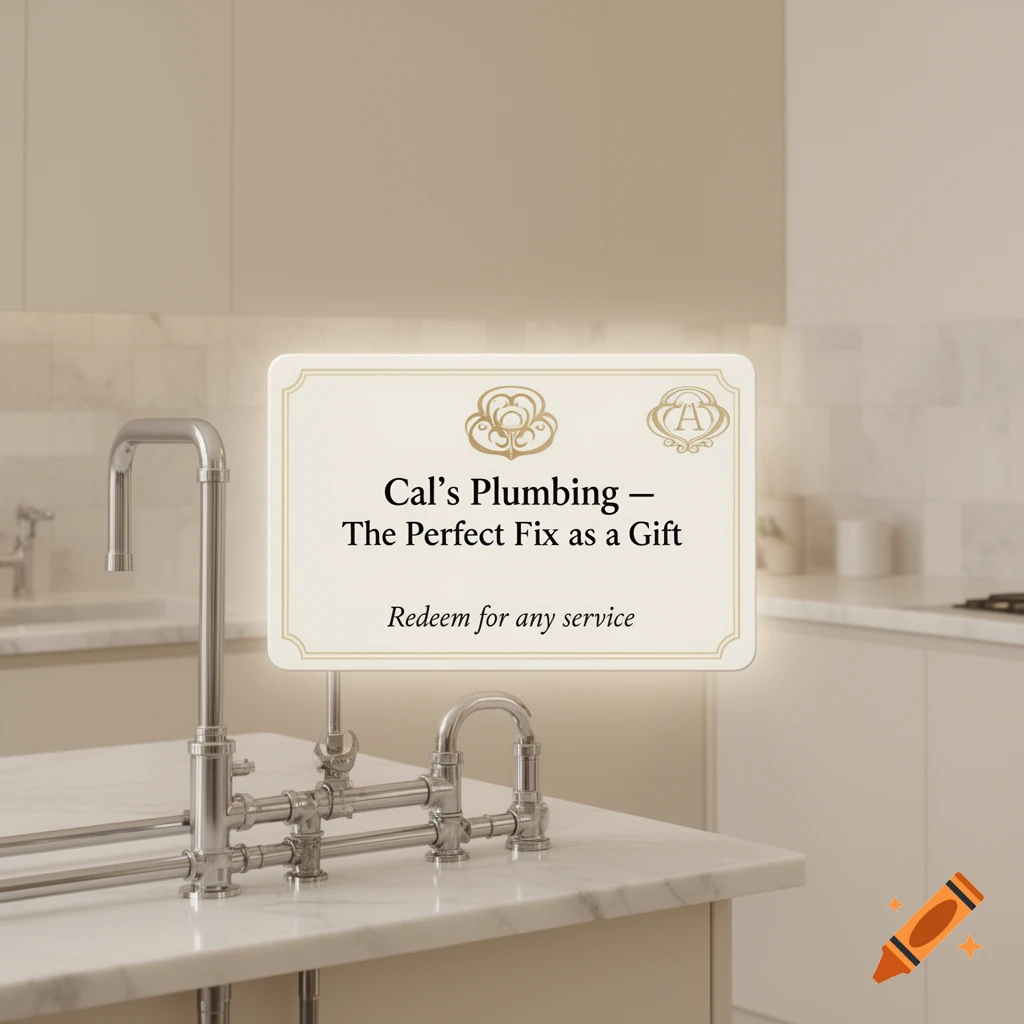 A stylized gift card for Cal's Plumbing on a marble counter with a modern chrome plumbing fixture in a neutral-toned kitchen.