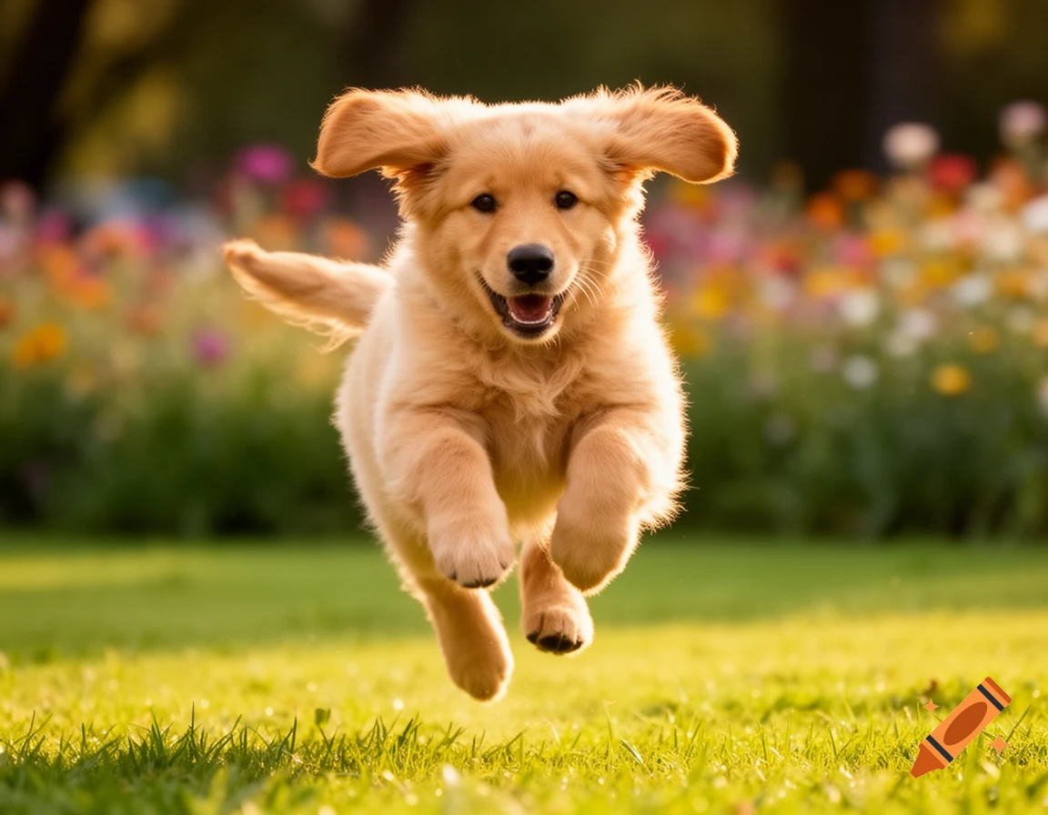 An energetic golden retriever puppy leaps through green grass with a blurred background of colorful flowers.