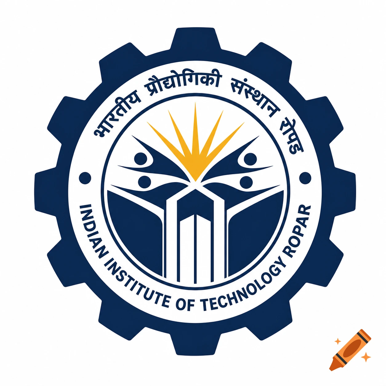 A dark blue gear-shaped logo for the Indian Institute of Technology Ropar, with a white inner circle containing stylized buildings and a golden sunburst, surrounded by text in Hindi and English.