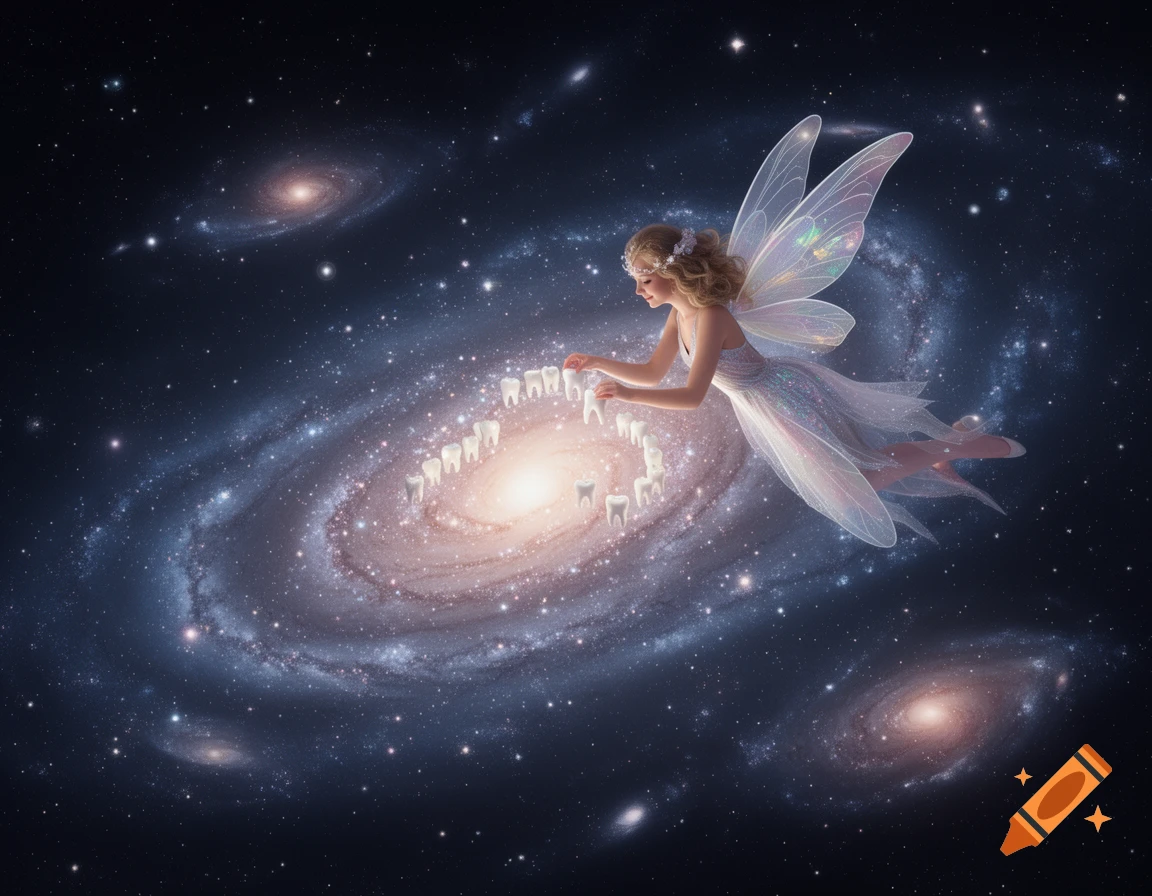 A magical tooth fairy with translucent wings arranges white teeth into a spiral galaxy in deep space.