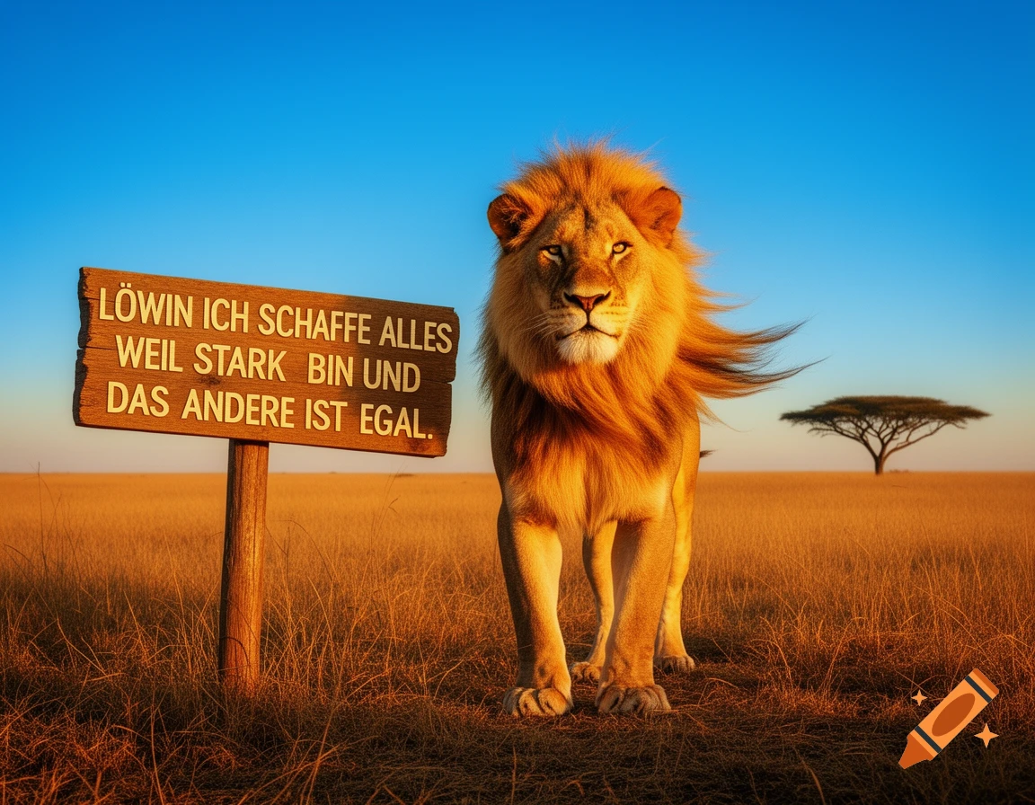 A majestic lion stands in a sunlit savanna next to a wooden sign with a German quote. A lone acacia tree is in the distance.