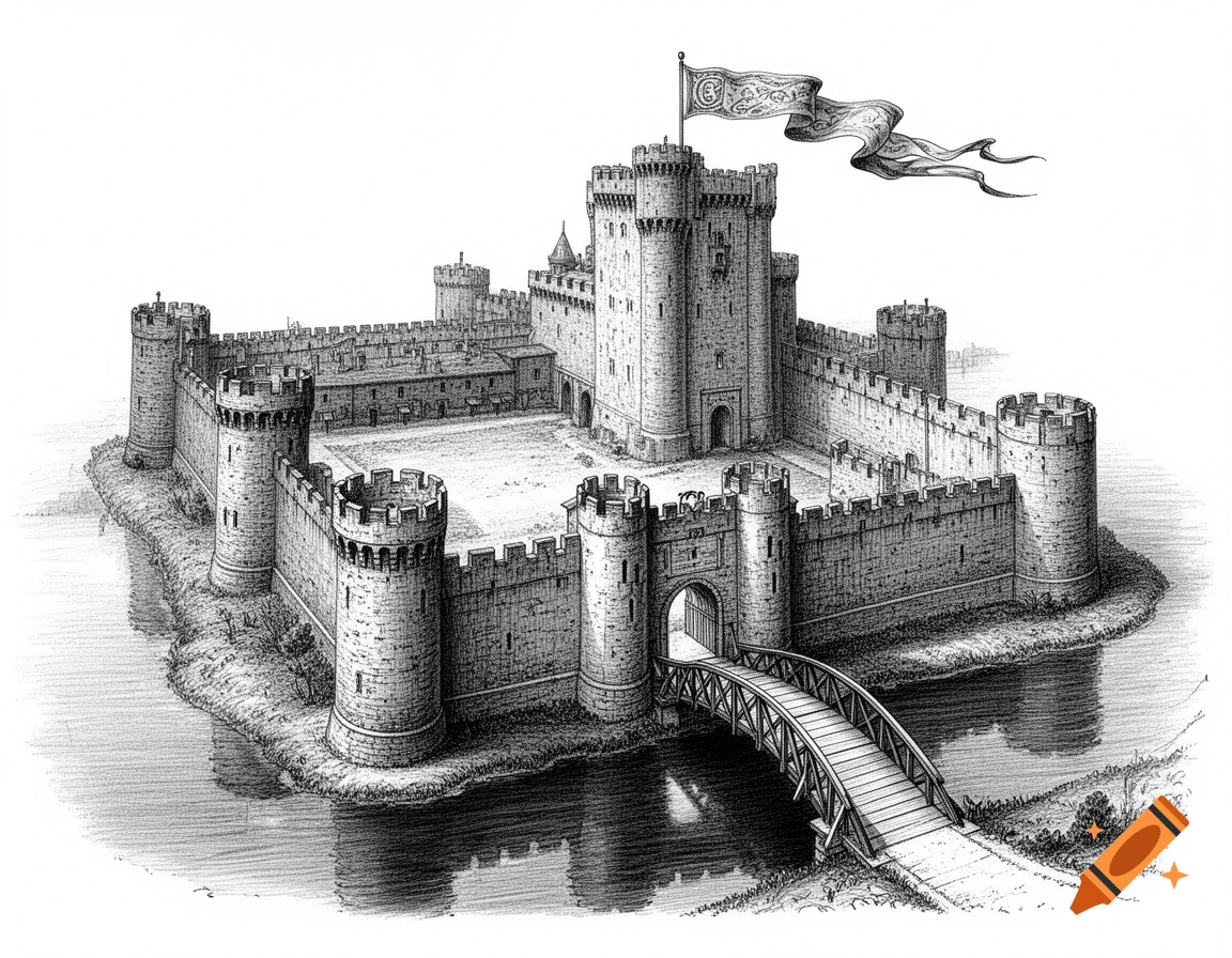 Black and white ink drawing of a medieval castle with a moat, drawbridge, and a flag flying from the main tower.