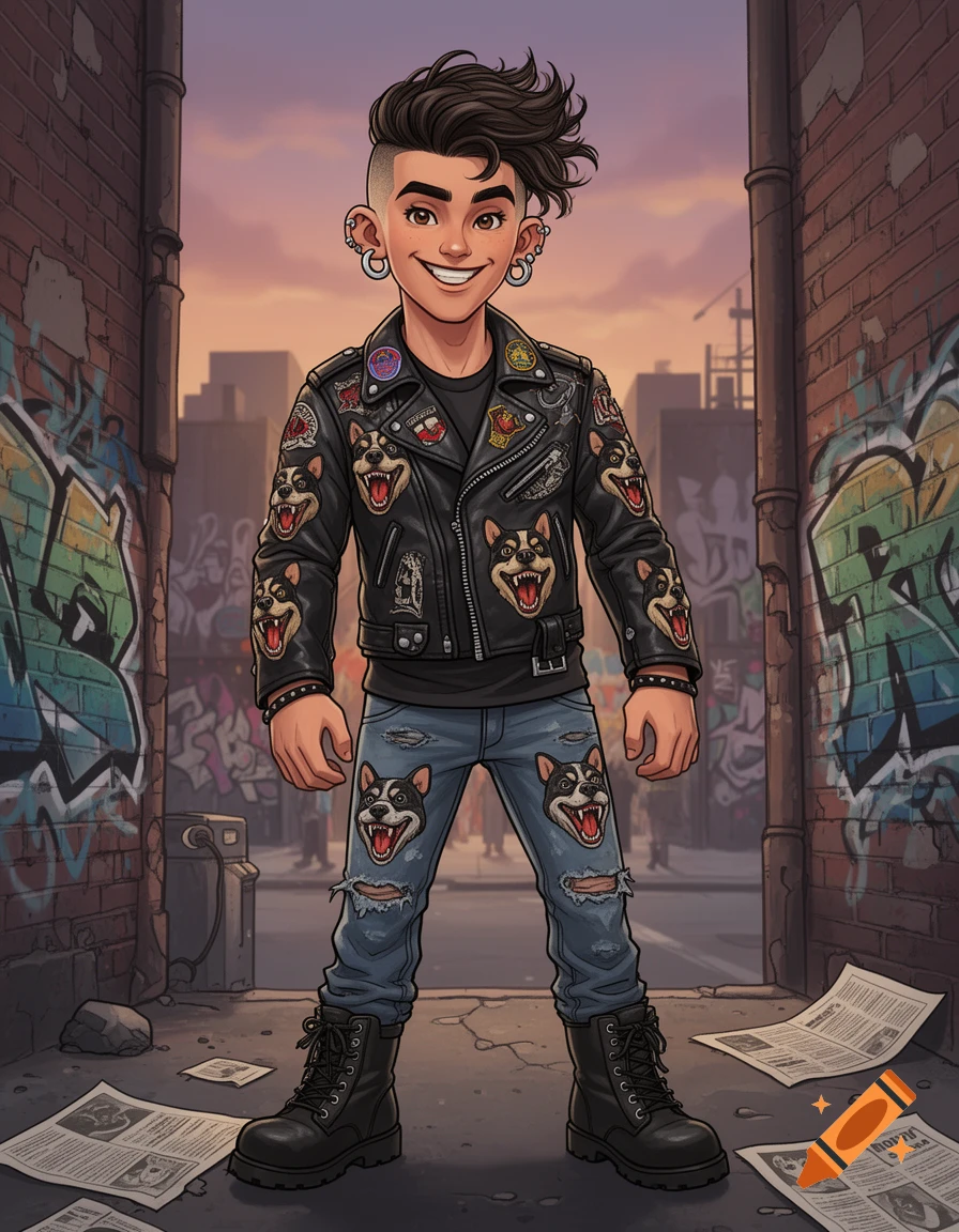 A smiling punk-style young person with an undercut, piercings, leather jacket with dog motifs, ripped jeans, and boots stands in an urban alley with graffiti.