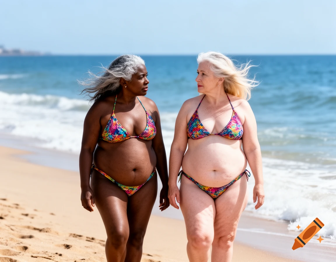 Two older women with different skin tones walk on a sandy beach by the ocean, wearing colorful bikinis and looking at each other.