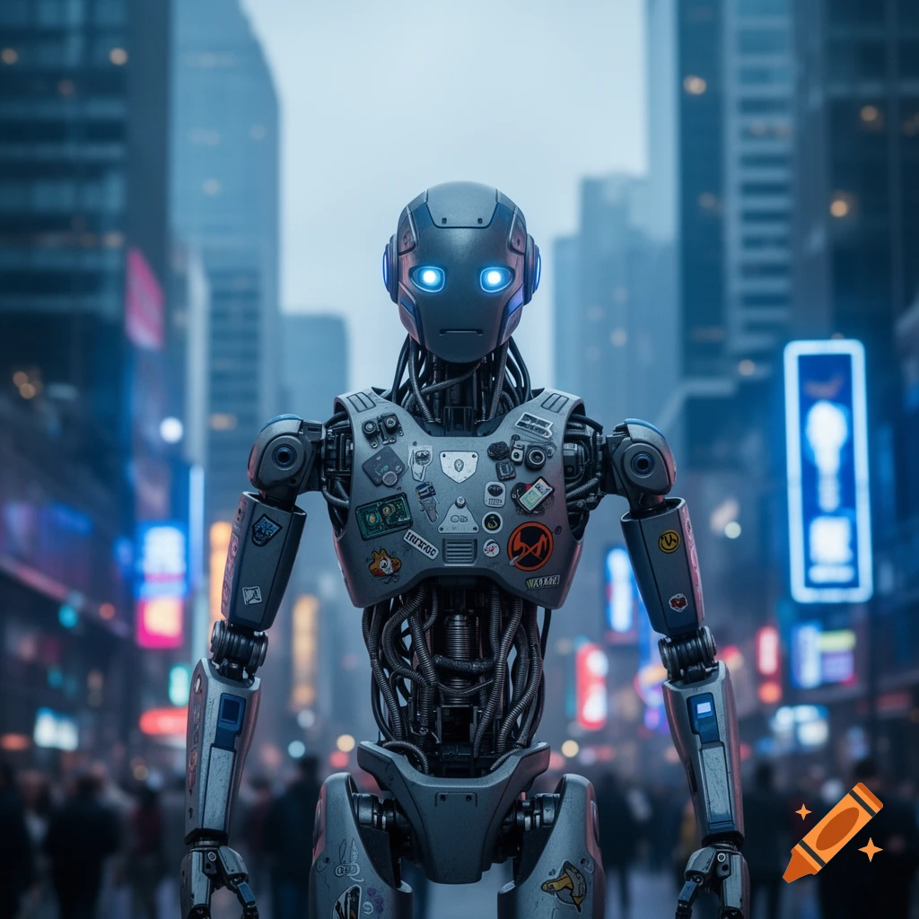 Photorealistic robot with glowing blue eyes and chest stickers stands in a neon-lit city street.