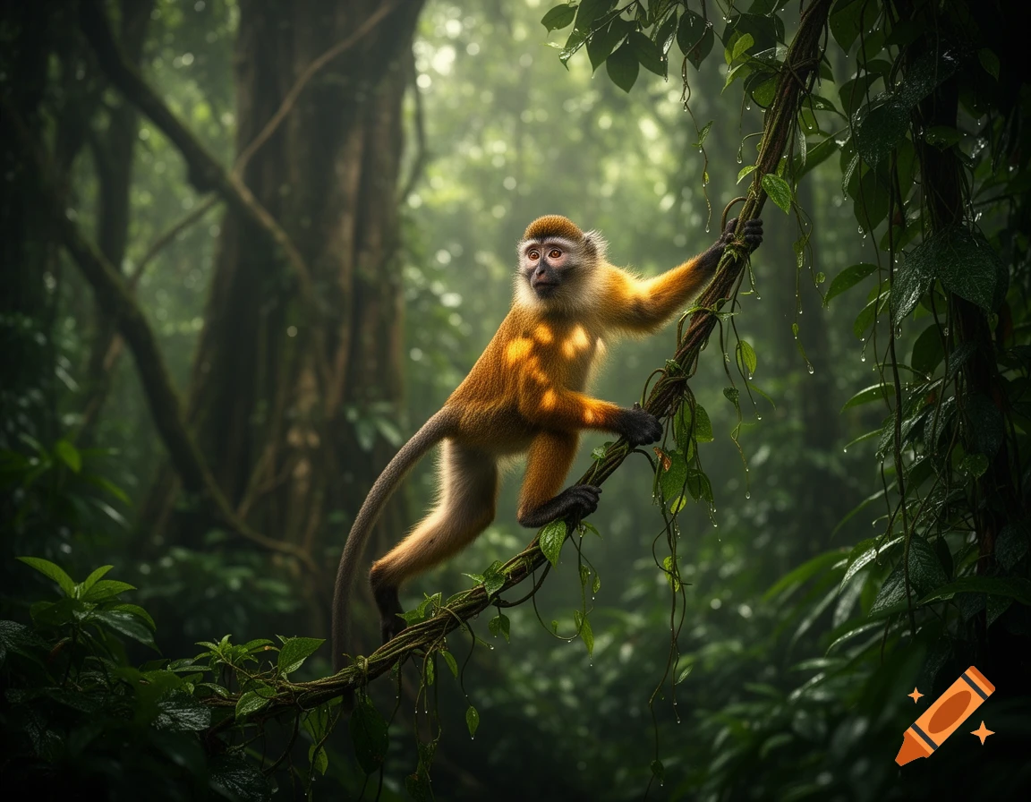 A golden monkey with a white face climbs a vine in a lush, green, misty jungle in a photorealistic style.