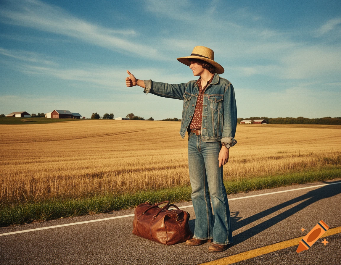 A young person in 1970s denim and a straw hat hitchhikes on a rural road with a duffel bag, a golden field and barns behind them.