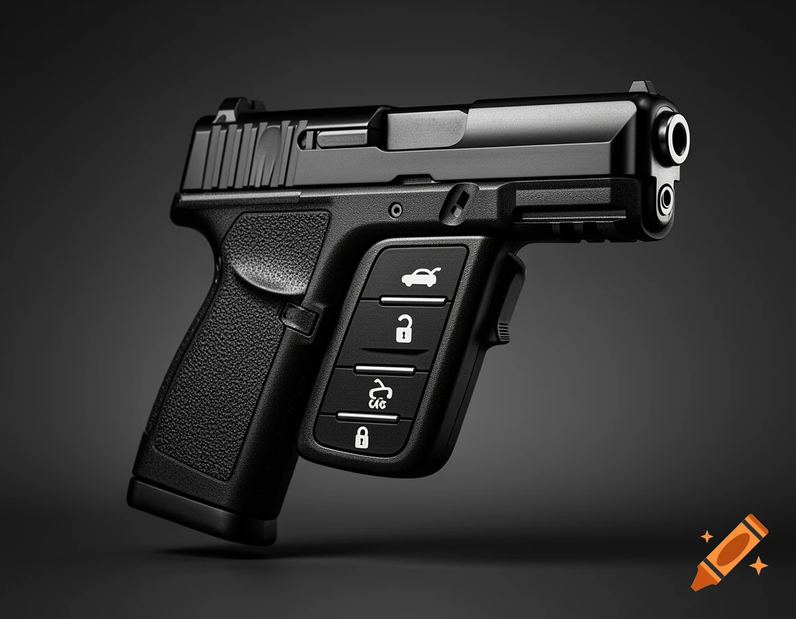 A close-up, photorealistic studio shot of a black semi-automatic pistol with a car key fob integrated into its grip.