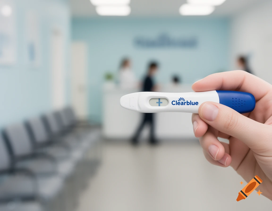 A hand holds a positive Clearblue pregnancy test in focus, with a blurred medical clinic waiting room in the background.