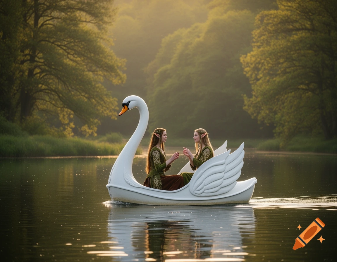 Two elves in a swan-shaped paddle boat on a misty lake with trees in the background.
