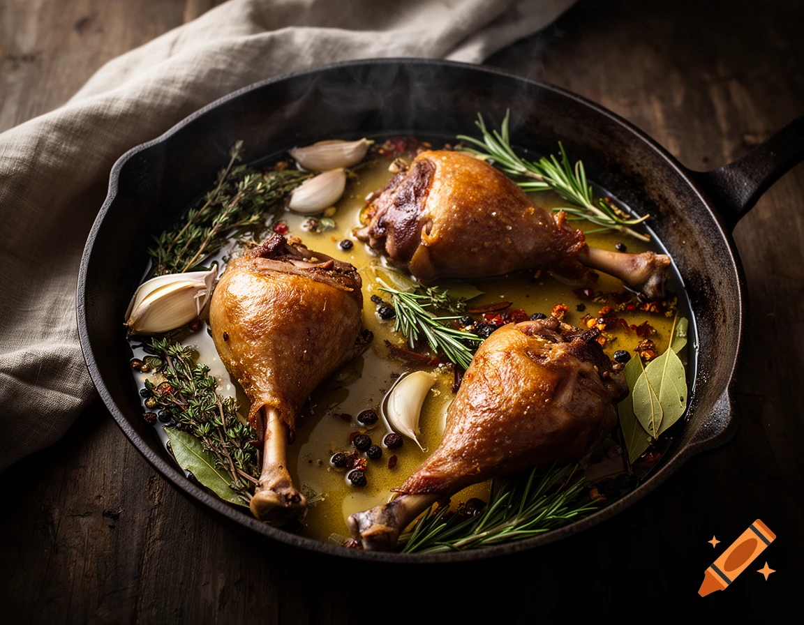Three duck confit legs with herbs and spices cooking in a cast-iron pan on a dark wooden table.