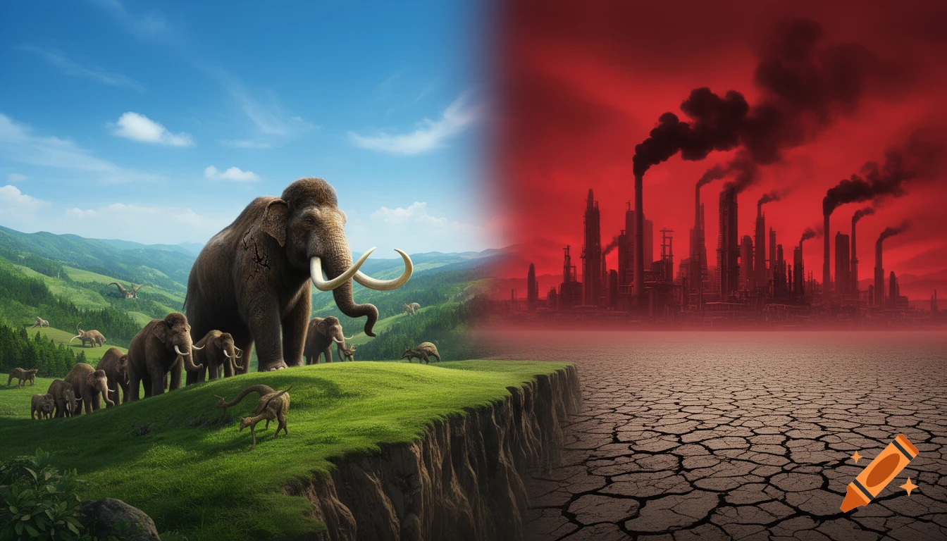 A split image showing a lush prehistoric landscape with mammoths on the left, and a barren, polluted industrial city under a red sky on the right.