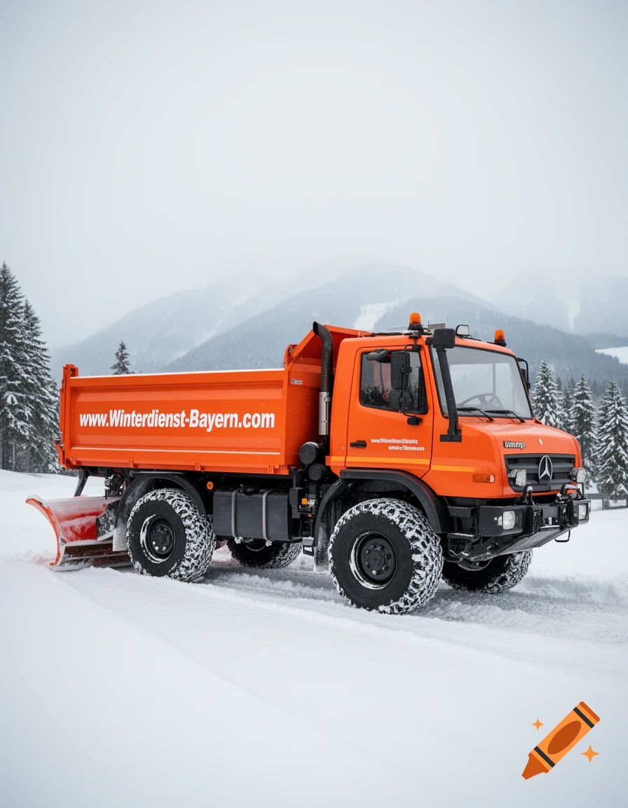 An orange Mercedes-Benz Unimog snow plow truck with a front plow and dump bed drives through a snowy landscape with pine trees and mountains under an overcast sky.