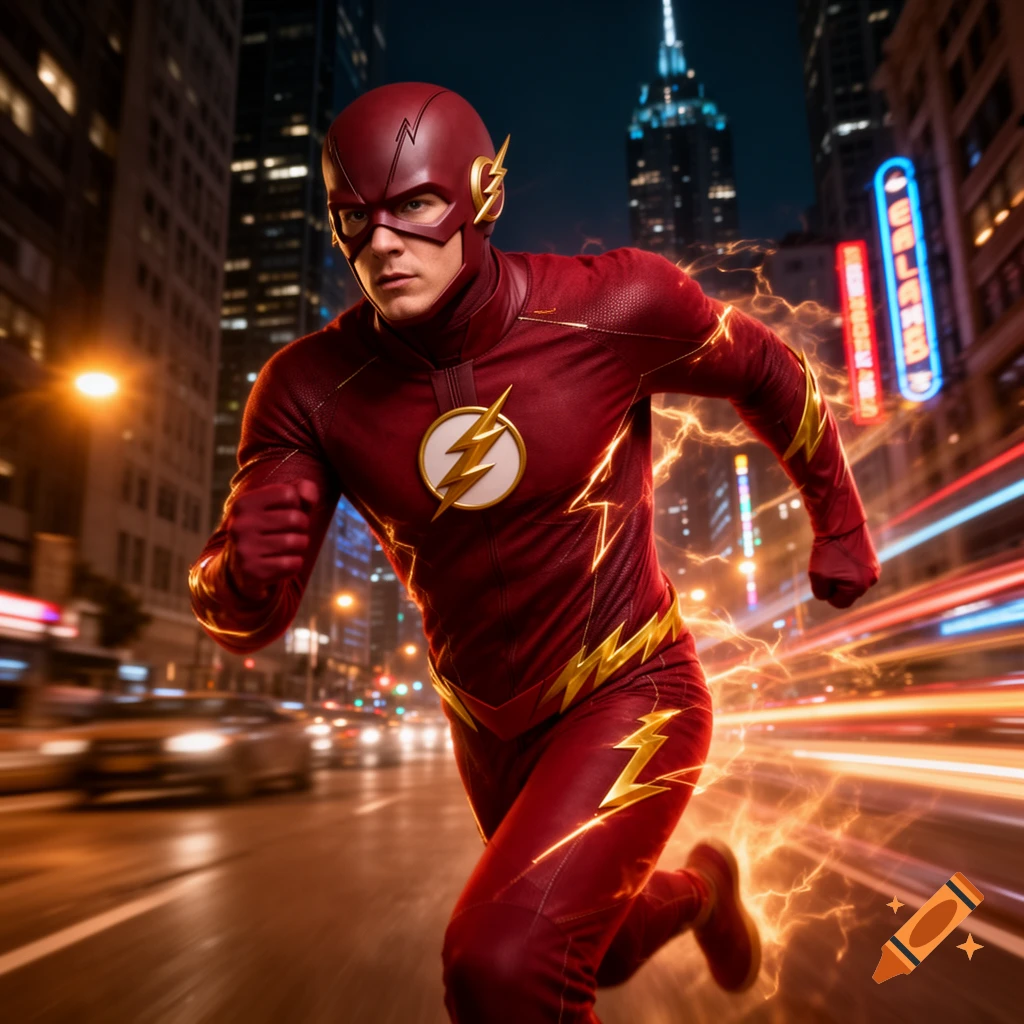 The Flash in a red suit with a lightning bolt emblem, running through a blurred city street at night, trailing lightning.