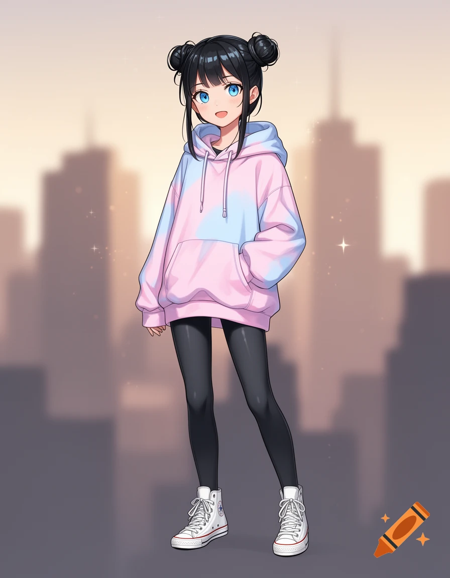 An anime girl with black space buns, blue eyes, wearing a pink and blue tie-dye hoodie, black leggings, and white high-top Converse shoes, standing in front of a blurred city skyline.