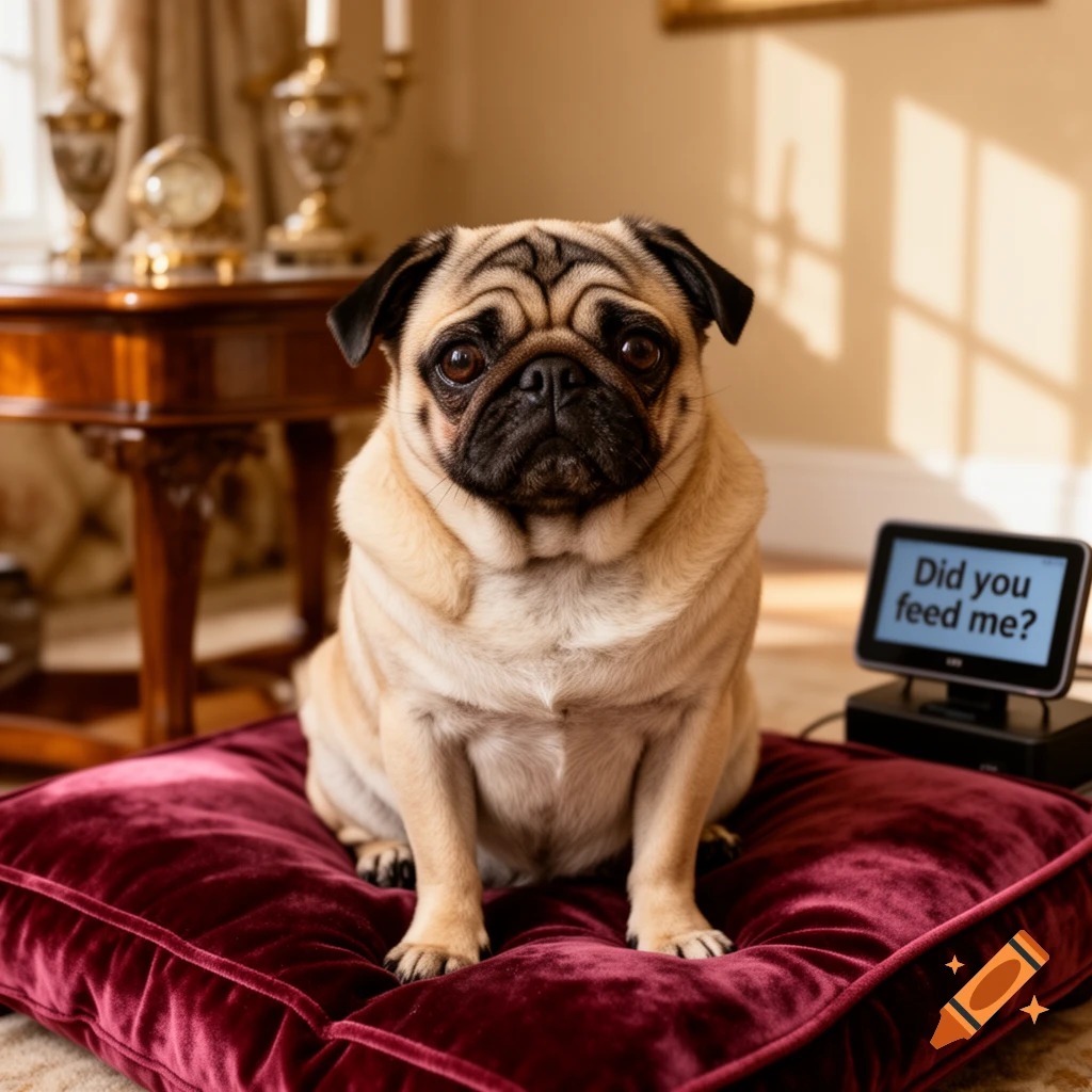 A photorealistic image of a fawn pug sitting on a luxurious maroon velvet cushion, looking directly at the viewer. To its right, a small screen displays the text "Did you feed me?" in a well-appointed room.