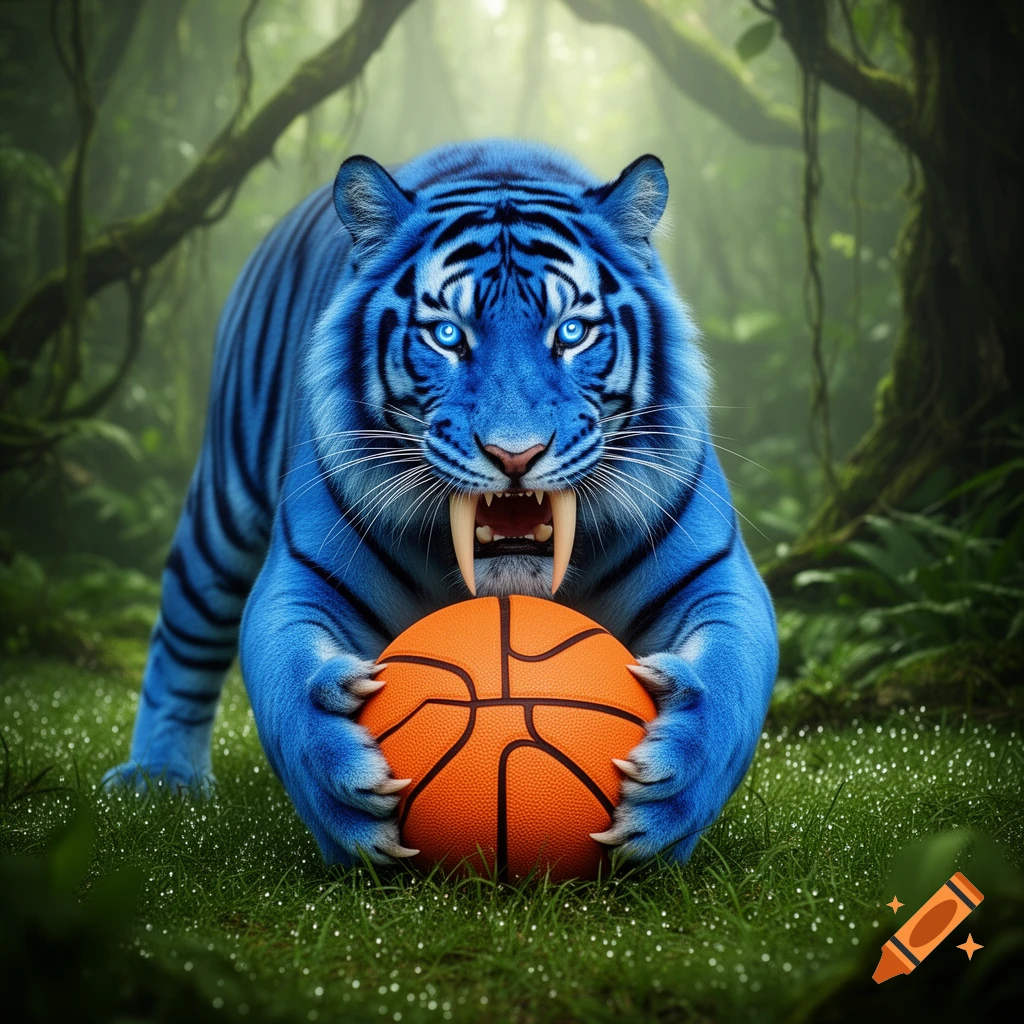 A majestic blue sabre-tooth tiger with glowing eyes crouches in a lush jungle, holding an orange basketball.