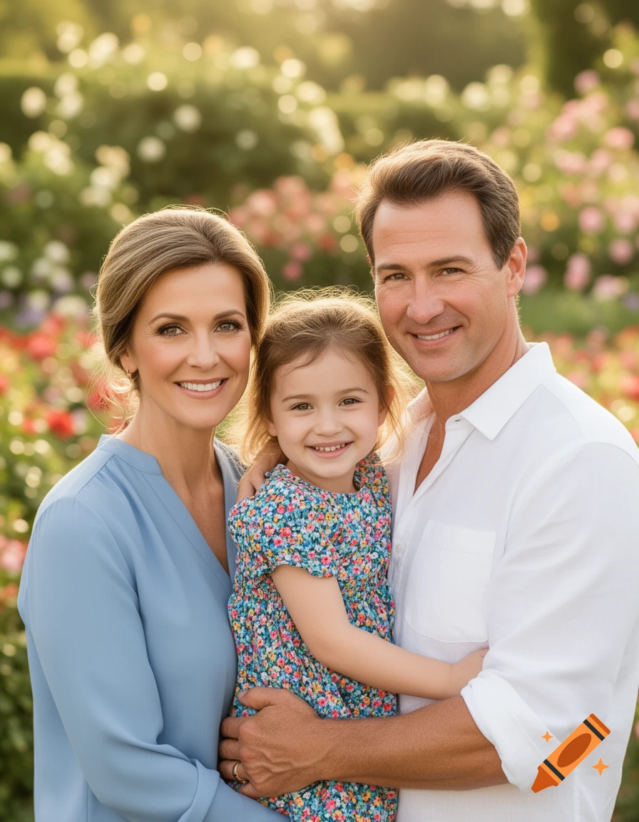 Smiling family of three (mom, dad, daughter) posing in a blooming rose garden at golden hour, photorealistic.