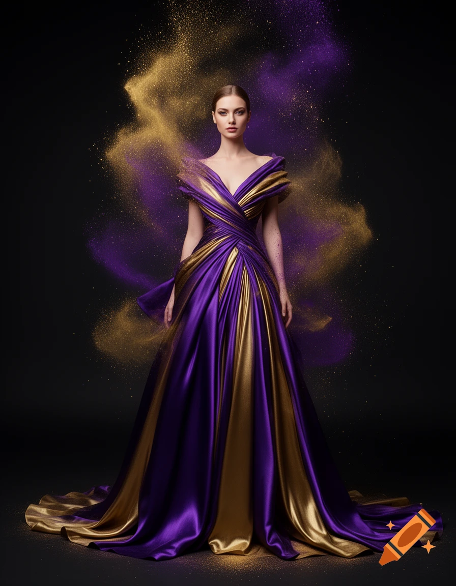 Full-body portrait of a woman in a voluminous purple and gold silk gown, with shimmering gold and violet dust swirling around her on a dark background.