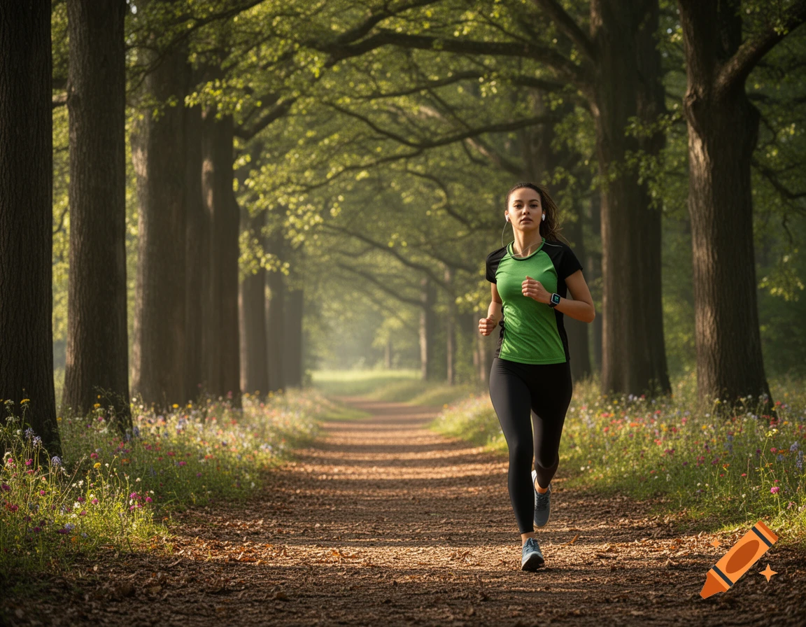 A young woman runs down a sunlit, tree-lined path bordered by wildflowers, wearing a green shirt and black leggings.