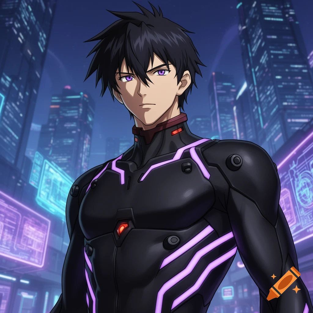 An anime man with black spiky hair and purple eyes wears a black, glowing purple sci-fi suit in a futuristic city.