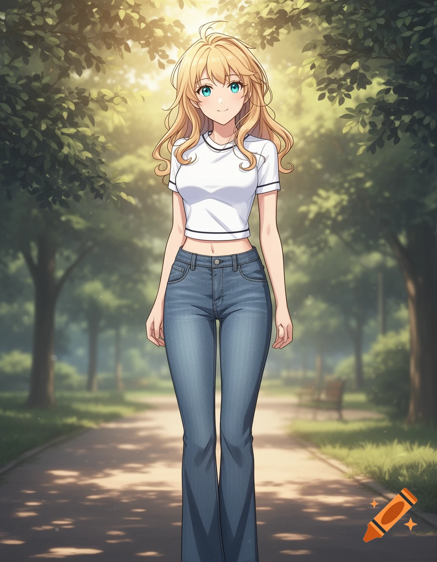 Anime girl with blonde hair and blue eyes, wearing a white crop top and jeans, standing on a path in a sunny park.