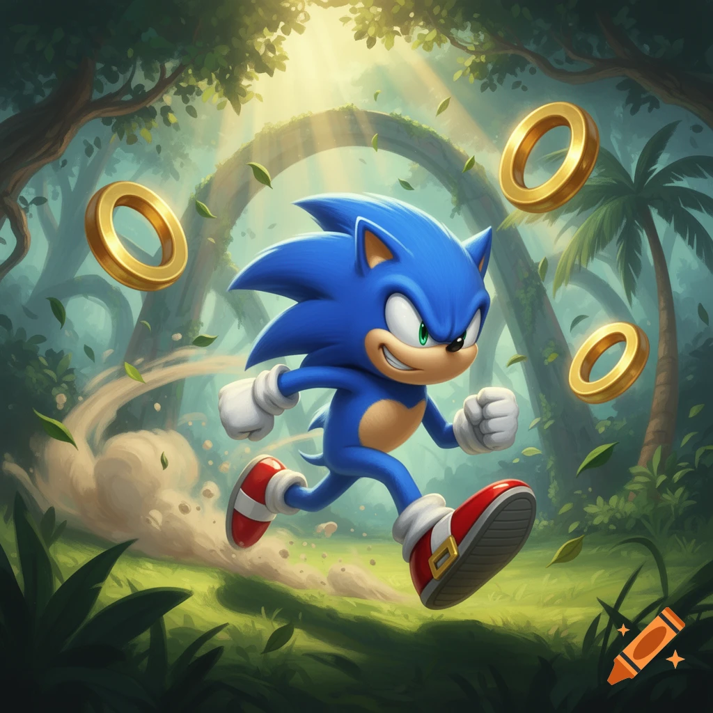 Sonic the Hedgehog runs through a vibrant jungle, kicking up dust, with golden rings floating around him.