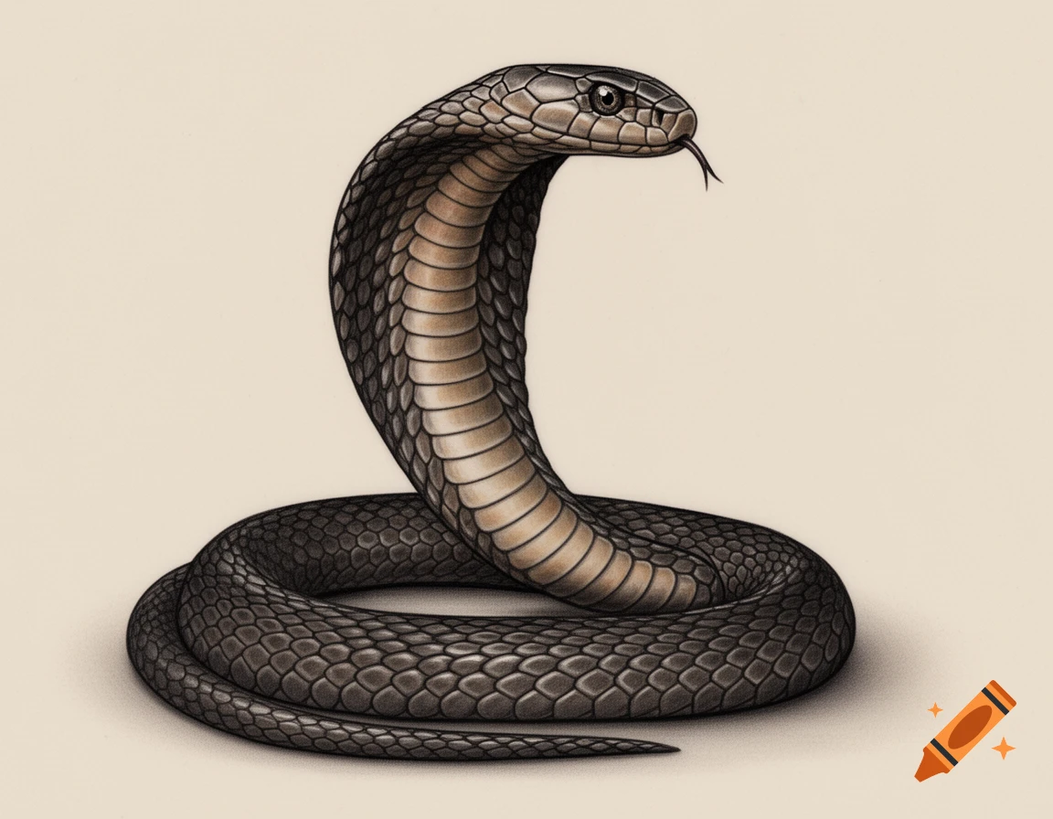 Realistic illustration of a black and tan cobra coiled, head raised, flicking its tongue.