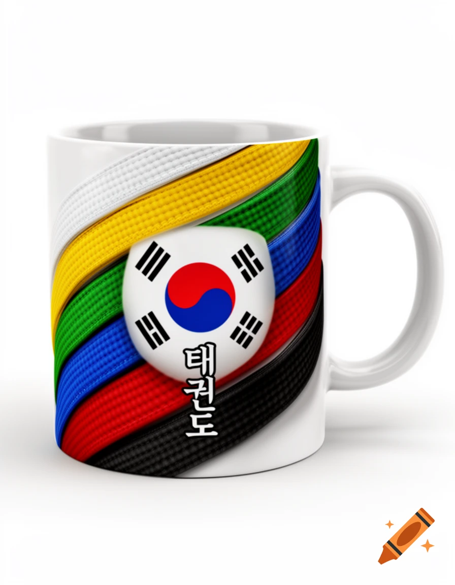 White mug with colorful martial arts belts, a Korean flag emblem, and 'Taekwondo' in Korean script below it.