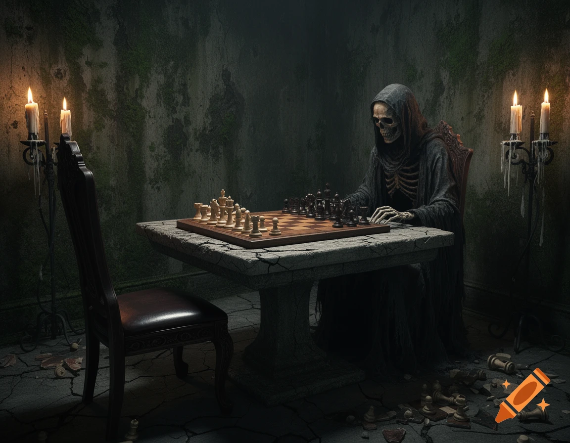 A skeletal figure in a dark robe plays chess by candlelight in a decaying, moss-covered room, an empty chair opposite.