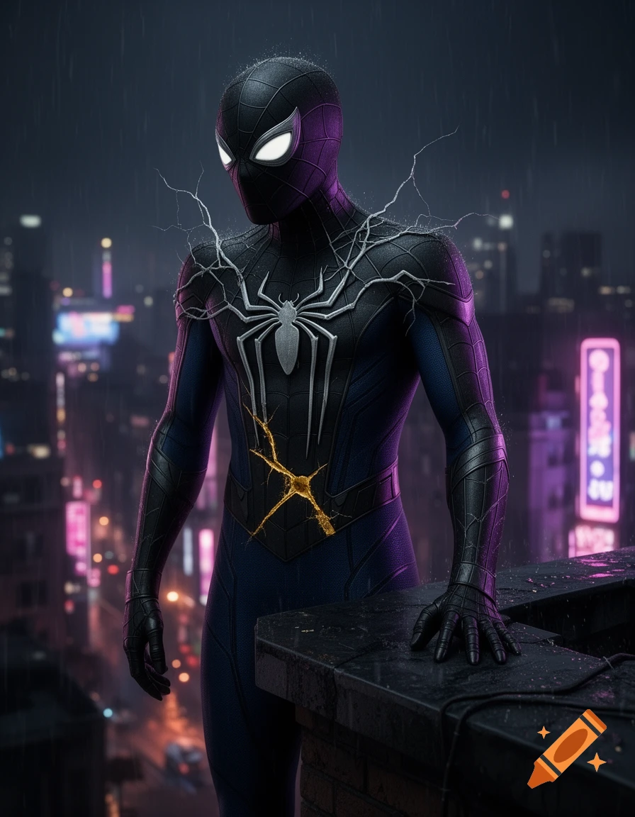 A stylized Spider-Man in a black and dark blue suit with a silver spider emblem and a golden crack on his chest stands on a rainy rooftop overlooking a neon-lit city.