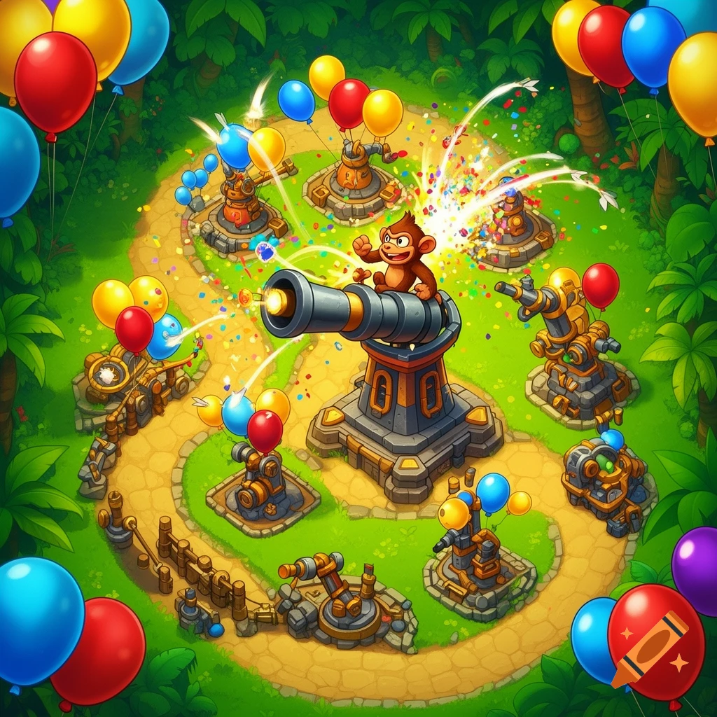 A vibrant cartoon image of a monkey on a cannon with confetti, surrounded by various tower defense structures and colorful balloons in a jungle setting.