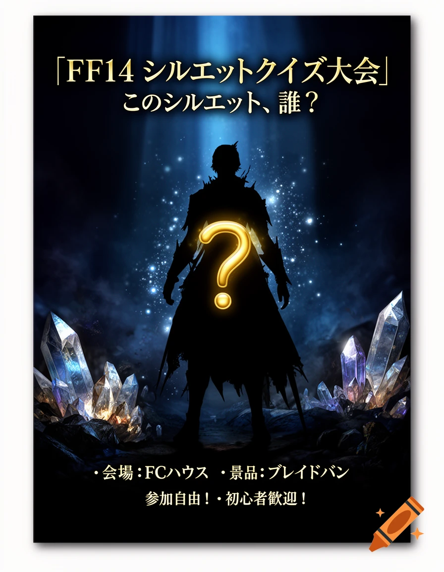 A dark fantasy event poster featuring a large black character silhouette with a glowing golden question mark, surrounded by glowing blue crystals, against a dark starry background, with Japanese text.