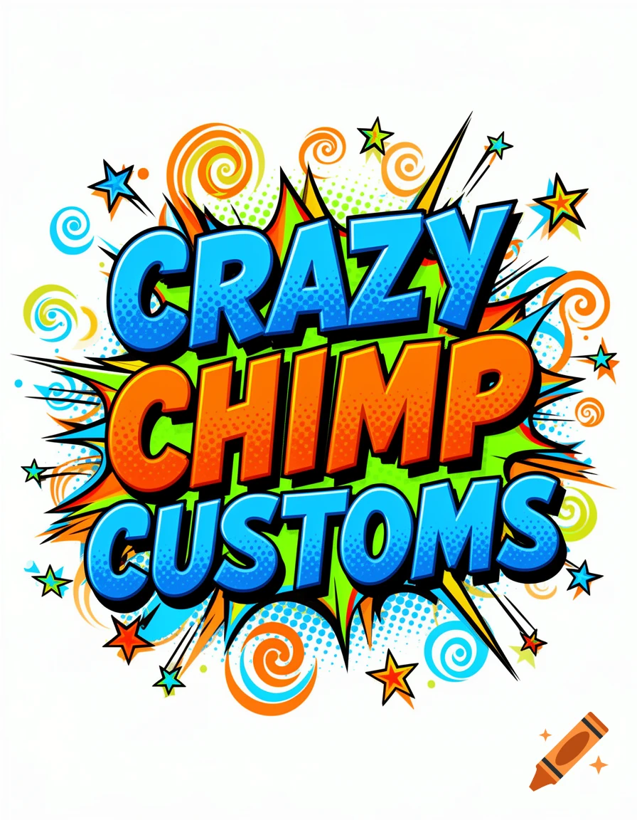 A vibrant comic-style logo featuring the text 'CRAZY CHIMP CUSTOMS' in blue, orange, and green, surrounded by an explosion effect, swirls, and stars.