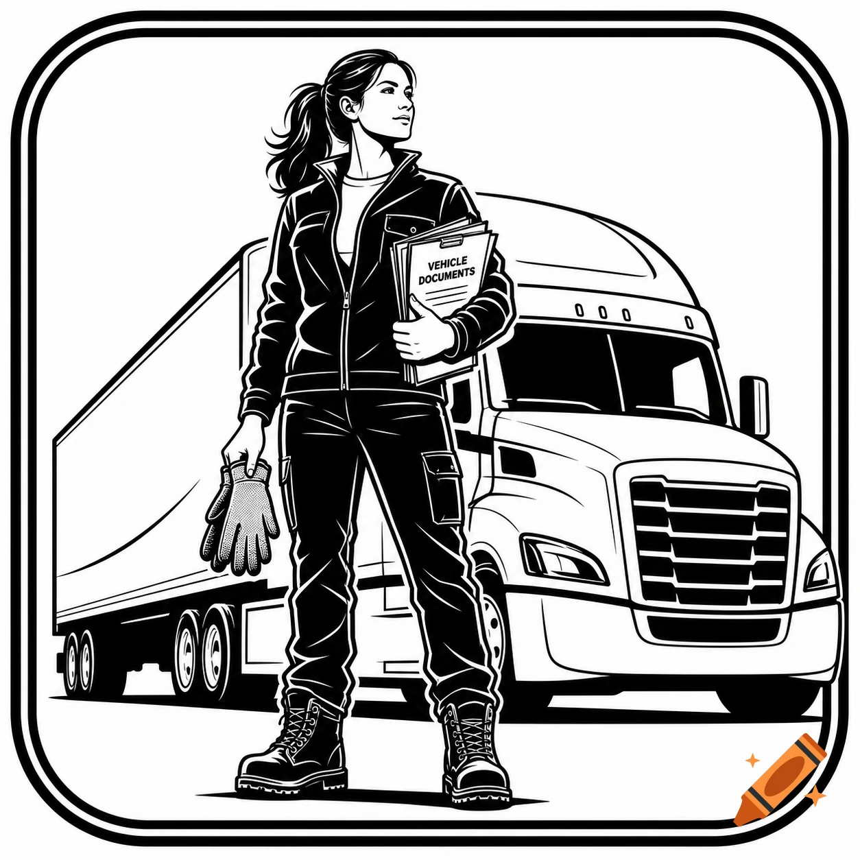 Black and white line art of a female truck driver holding gloves and documents in front of a semi-truck.
