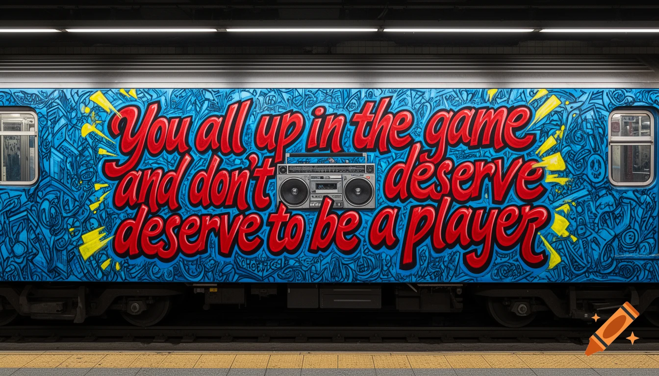 A subway train car covered in blue graffiti with a large red text mural and a boombox, in Lee Quiñones style.
