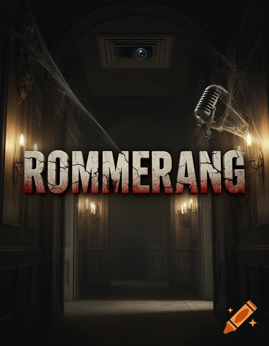 Horror movie title 'ROMMERANG' in a dark, spiderweb-filled mansion hallway with a camera and vintage microphone.
