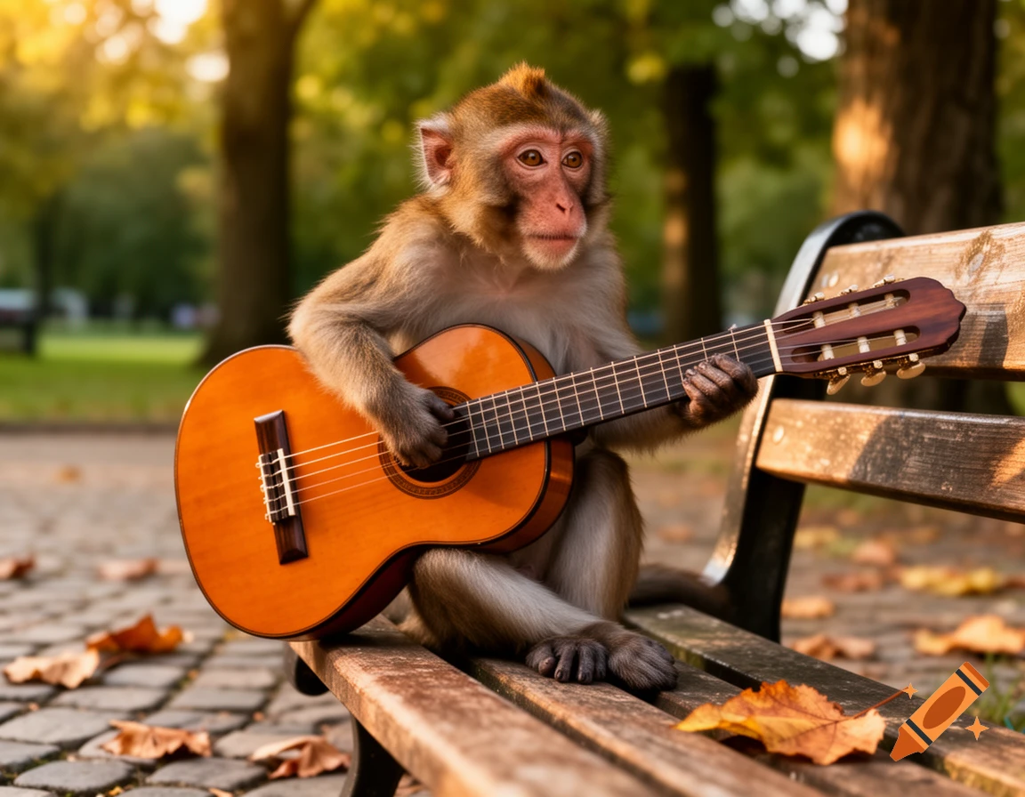 A photorealistic monkey sits on a wooden park bench, playing a classical guitar with autumn leaves scattered on the ground.