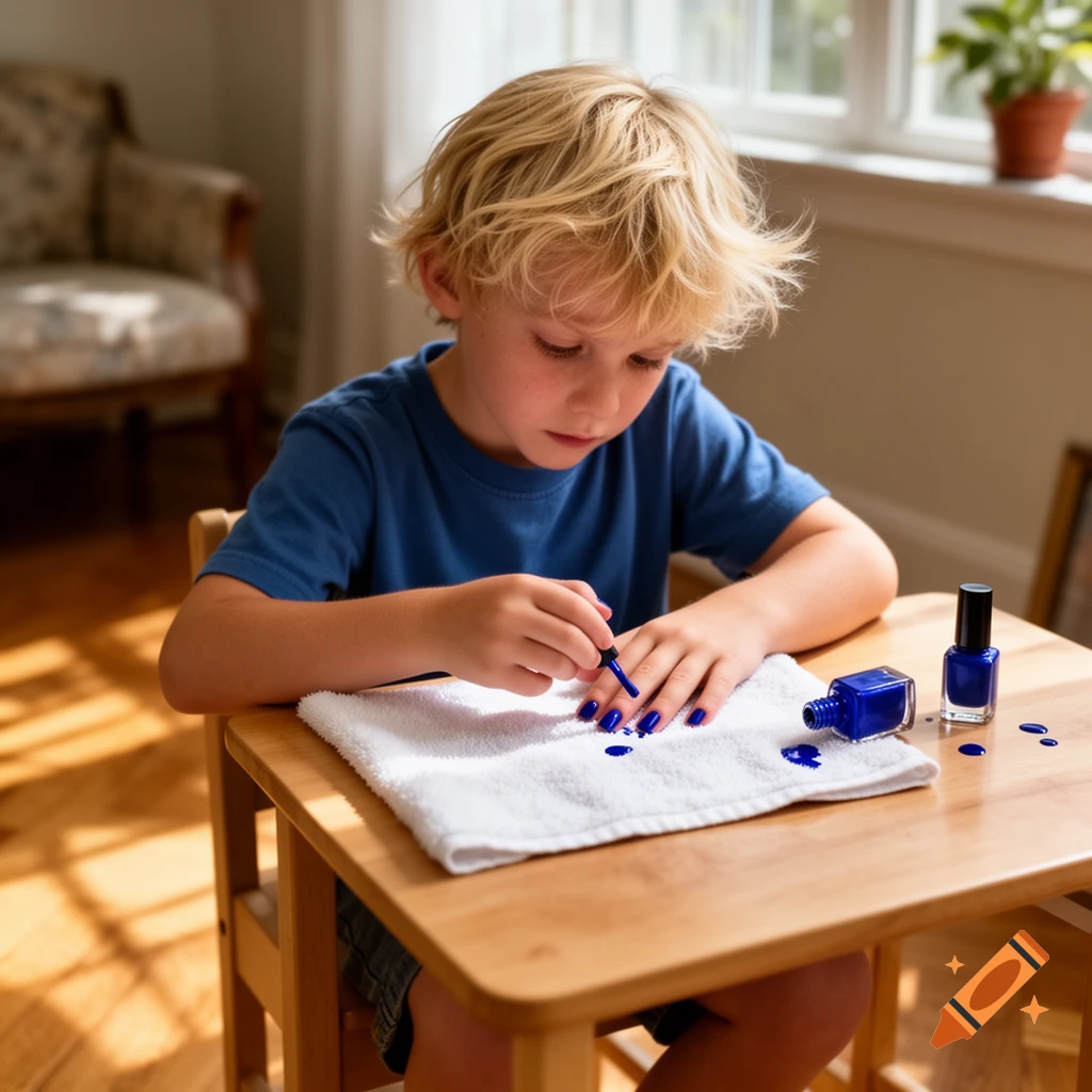 A blond boy intently paints his fingernails blue while sitting at a small wooden table indoors.