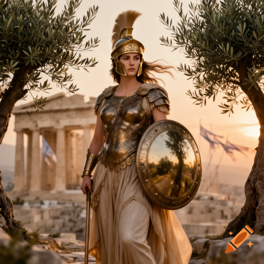 A woman in golden Greek armor and a plumed helmet holds a shield and spear, standing amidst olive trees with the Parthenon in the background at sunset.