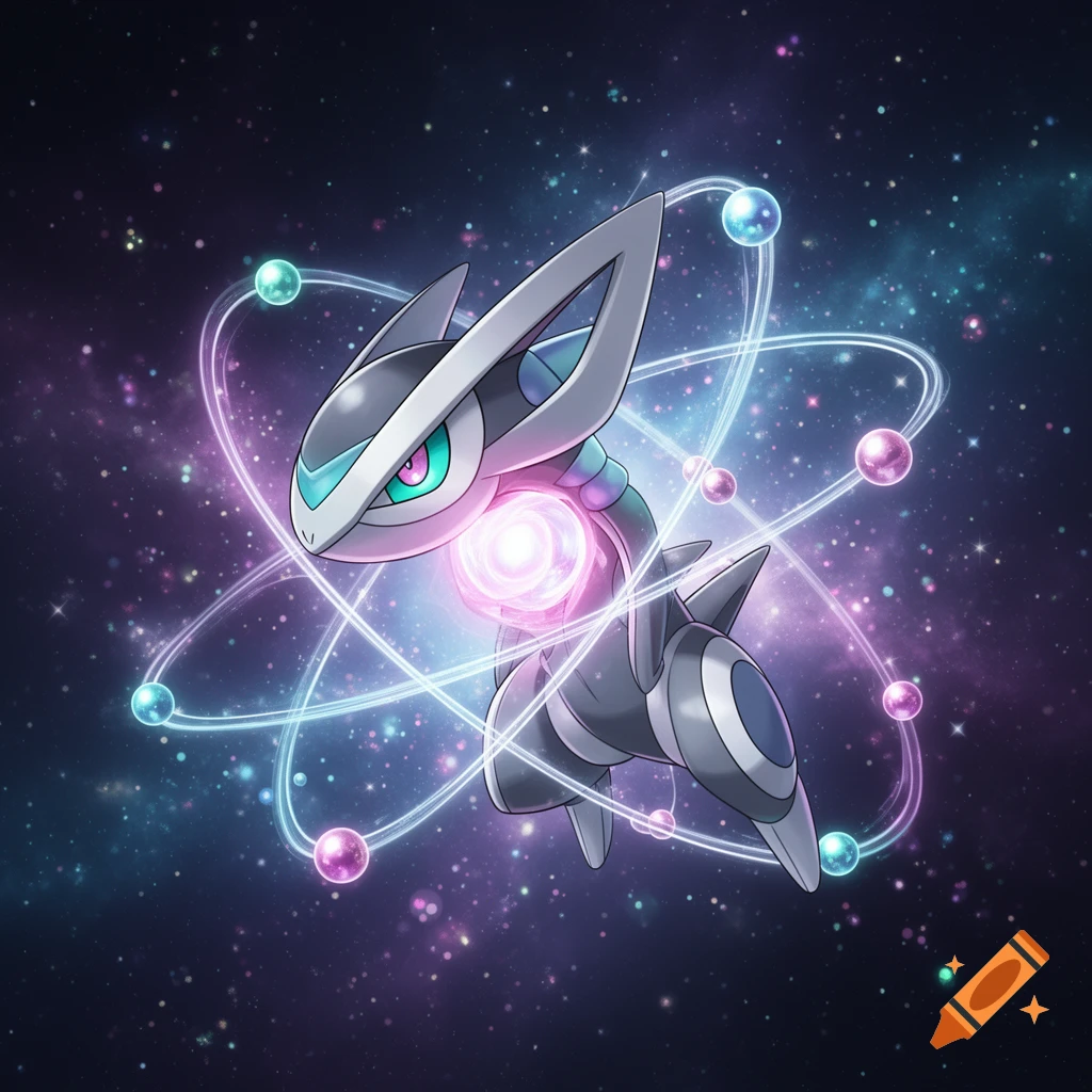 A stylized white and grey creature, resembling a Pokémon, with glowing pink eyes and a chest orb, surrounded by atomic orbits in a cosmic, starry background.