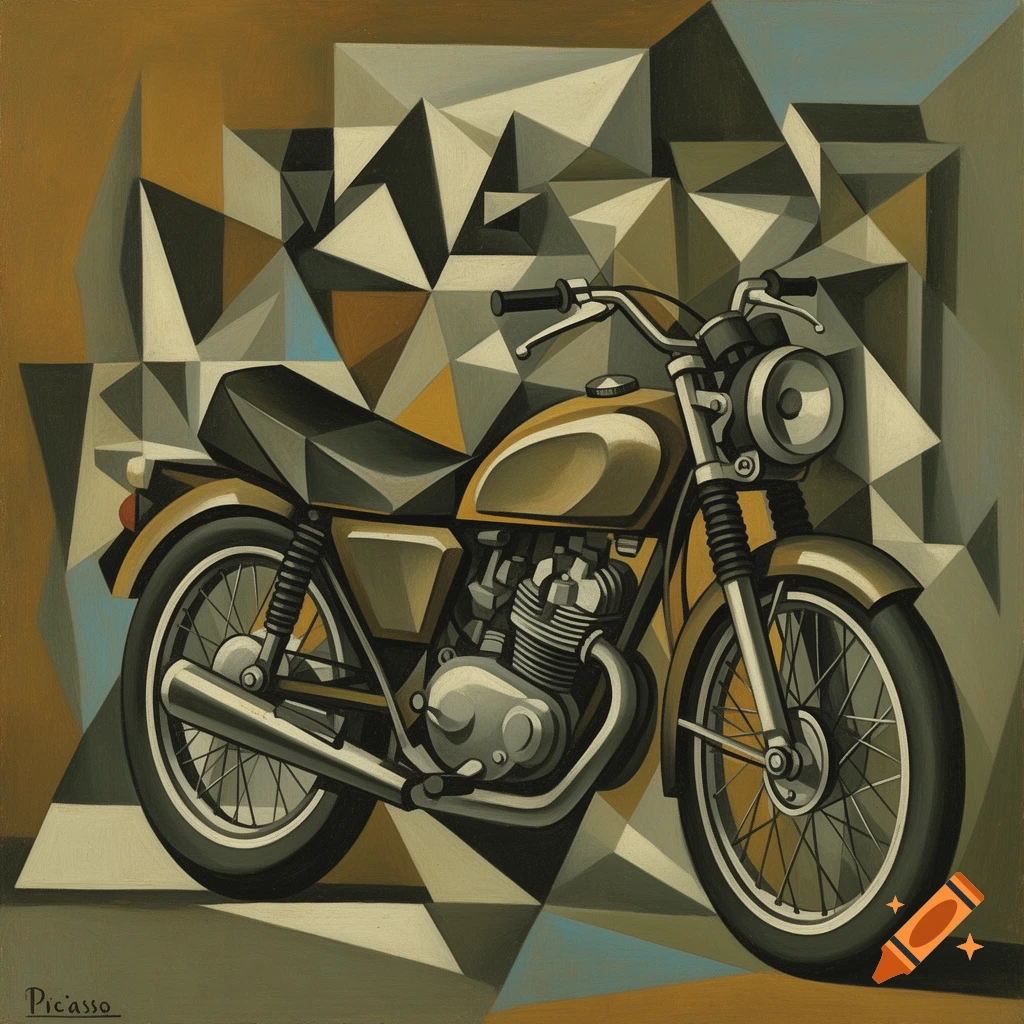 Cubist painting of a motorcycle with fragmented geometric shapes in muted earthy tones.