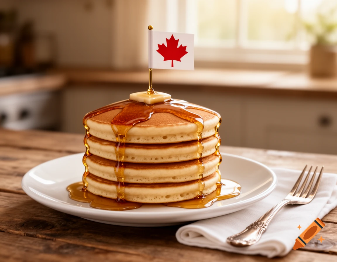A stack of pancakes drenched in maple syrup, topped with butter and a Canadian flag, served on a white plate on a wooden table in a kitchen.