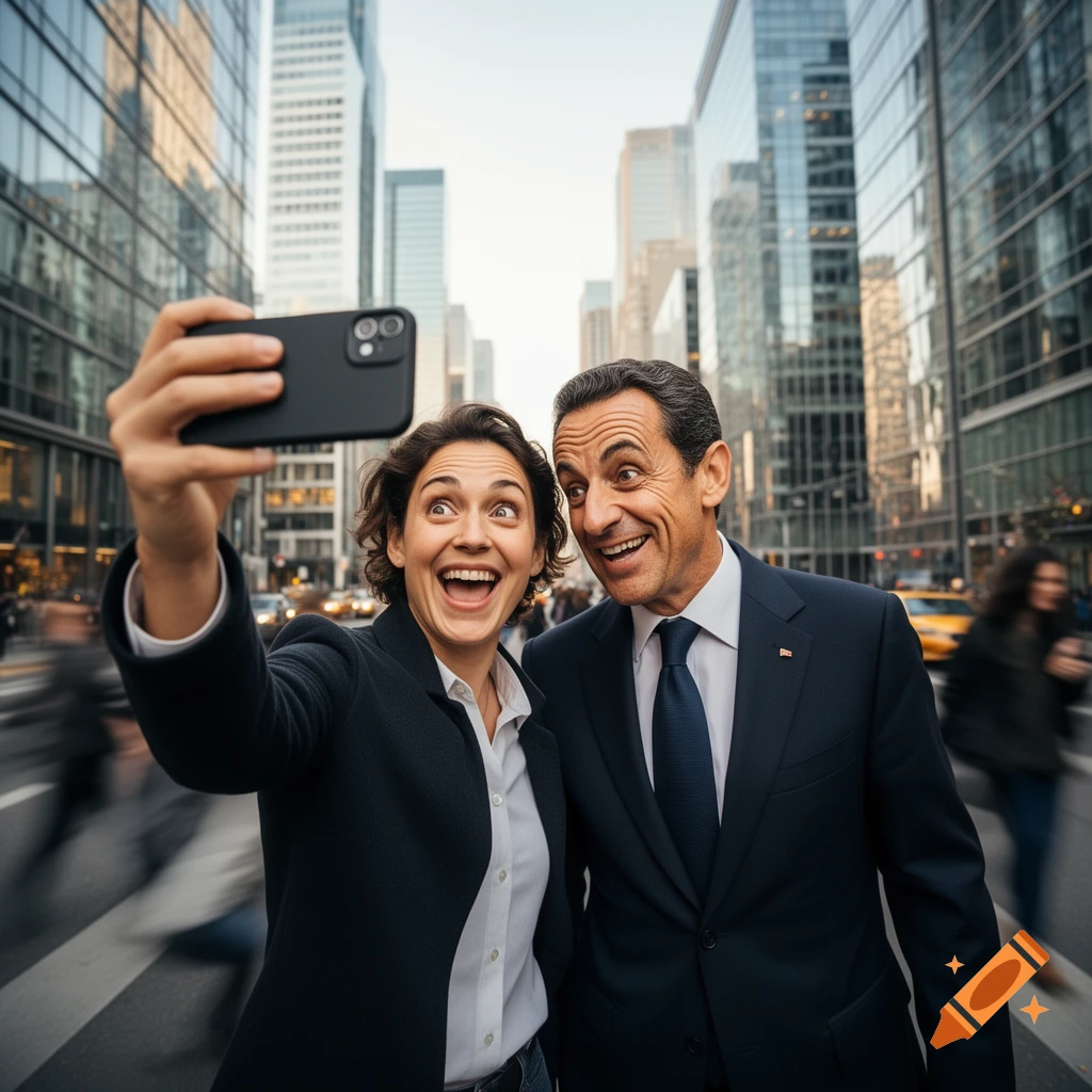 A smiling woman takes a selfie with a man resembling Nicolas Sarkozy on a busy city street, with blurred tall buildings in the background.