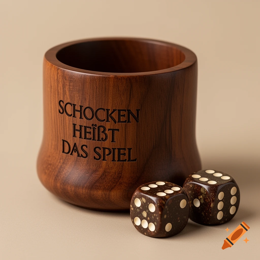 A dark wooden dice cup engraved with 'SCHOCKEN HEIẞT DAS SPIEL' stands next to two brown speckled dice on a light beige surface.