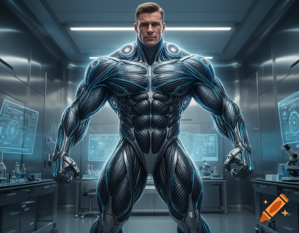 A hyper-realistic, cinematic photo of a muscular super-soldier in a dark biomechanical suit with blue glowing accents, standing powerfully in a high-tech laboratory.
